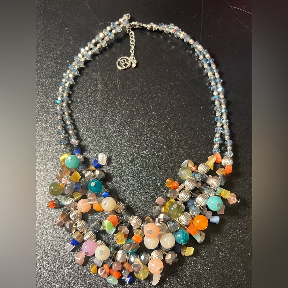 Erica Lyons Multi Color Stone Silver Tone Faceted Beaded Double Strand Necklace